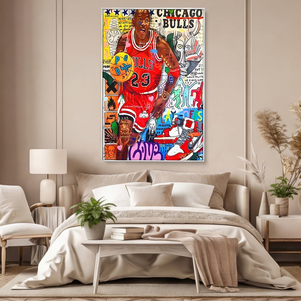 Tablou canvas cu tablou canvas cu michael jordan in stil graffiti, in rama de aluminiu argintiu, pe perete intr-un dormitor